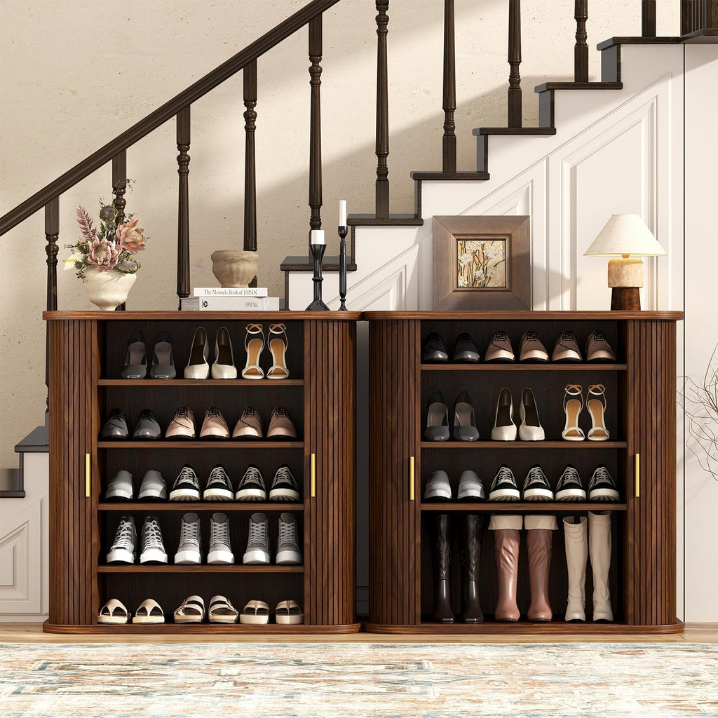 5-Tier Sliding Door Shoe Cabinet, Adjustable Shelves Wooden Shoe Storage with Gold Handle, Mid-Century Modern