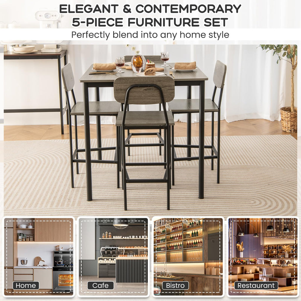 5-Piece Dining Table Set W/Counter Height Table & 4 Bar Stools, Modern Kitchen Dining Set W/Footrest & Backrest