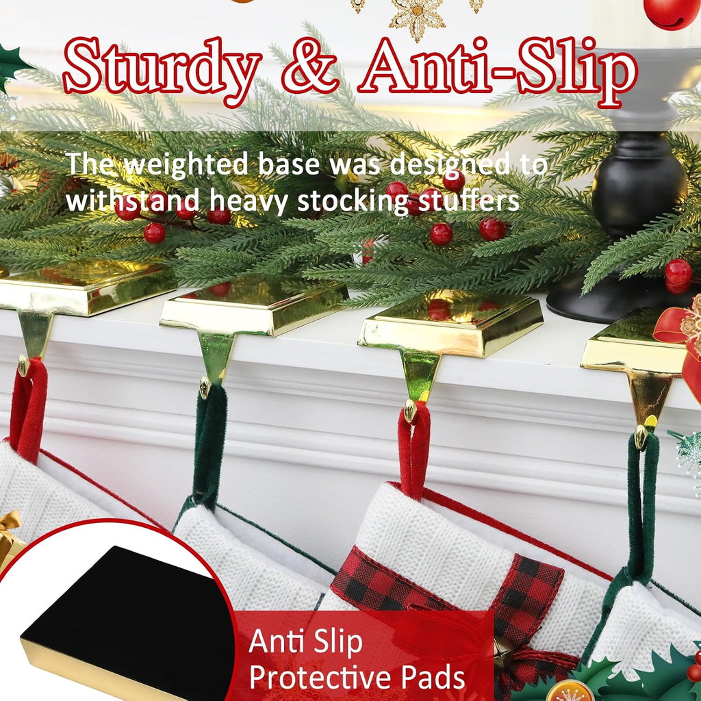 4-Pack Christmas Stocking Holders for Mantel, Weighted Metal Hooks, Gold
