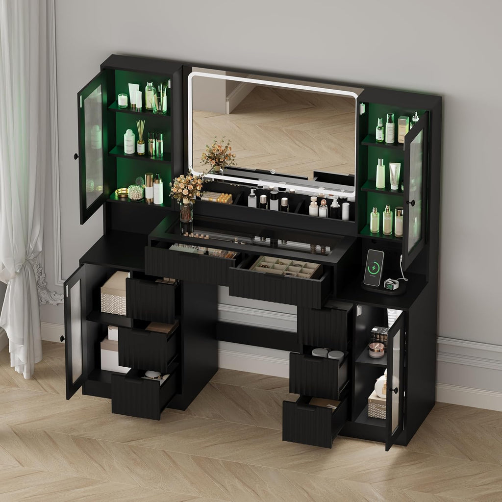 Fluted Makeup Vanity Desk with Mirror and Lights, 55" Glass Top Vanity with 8 Drawers & 4 RGB Glass Cabinets