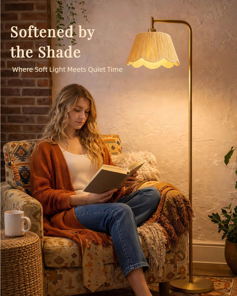 Boho Brushed Gold Floor Lamp with Remote, Flower-Inspired Shade