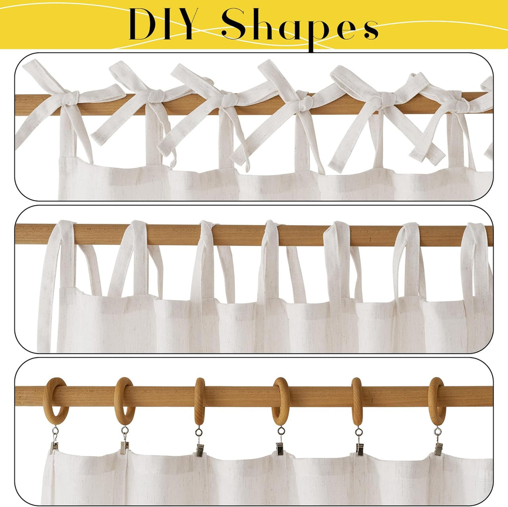 Thick Linen Tie Top Curtains, Light Filtering Drapes Adjustable DIY Crafted Privacy Window Treatments