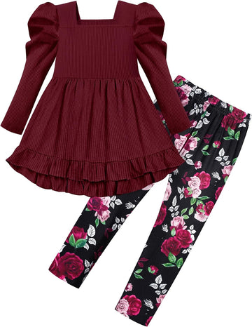 Toddler Girl Clothes Square Neck Ruffle Hem Long Sleeve Top Floral Print Leggings Fall Outfits Kids Clothing Sets