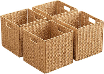 Foldable Storage Baskets with Handles Paper Rope Storage Baskets Rectangle Collapsible Hand Woven Storage Cubes Bins