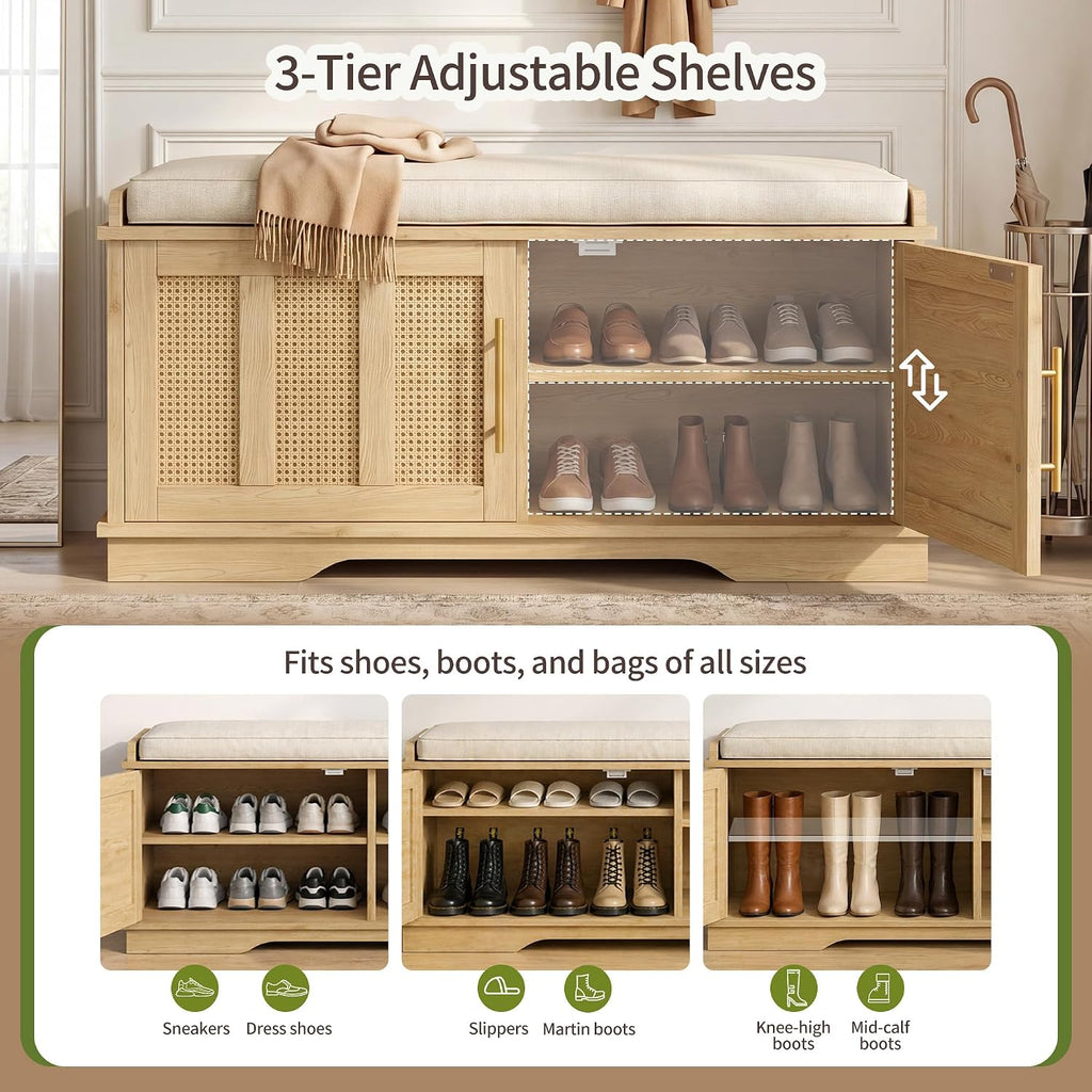 Shoe Cabinet with Bench, Rattan Entryway Storage Bench with Cushion, Shoe Storage Bench Cabinet with 2 Doors