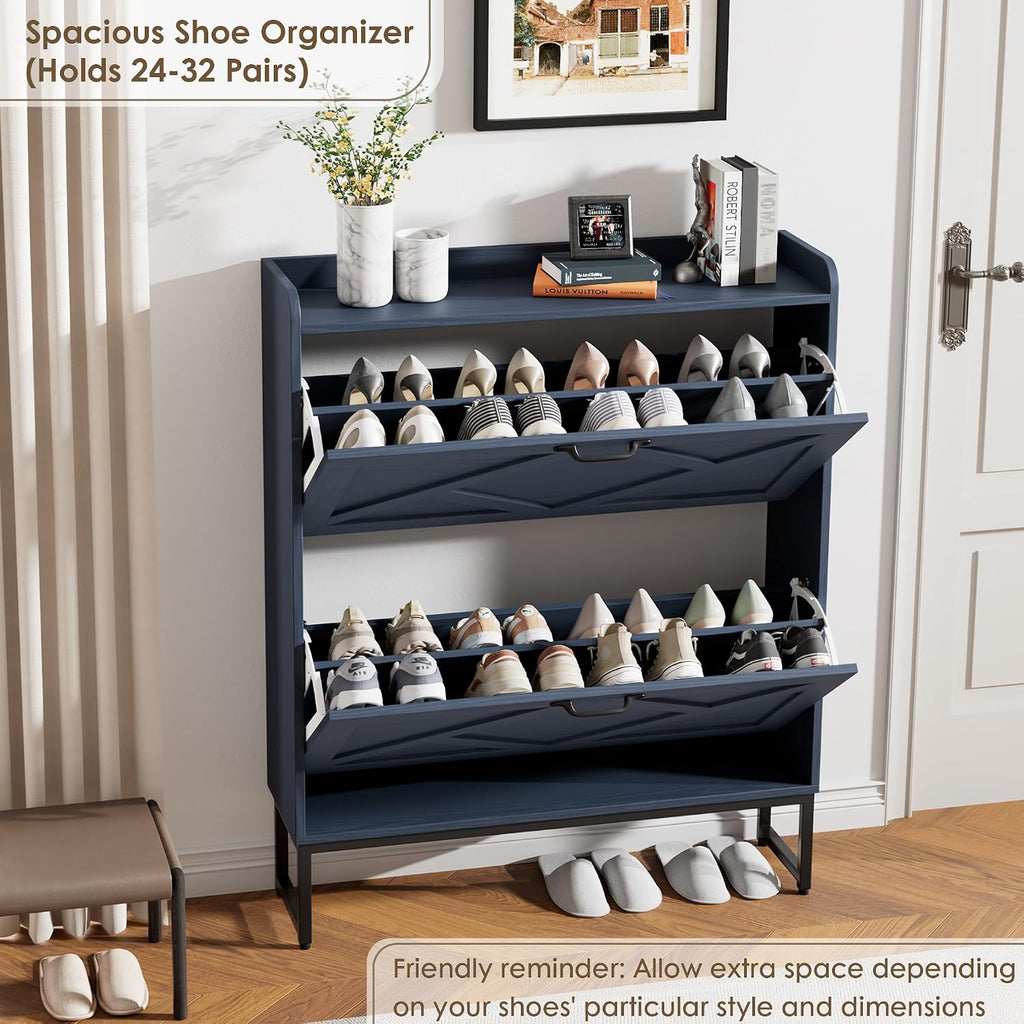 Shoe Storage Cabinet, Shoe Cabinet with 2 Flip Drawers, Narrow Shoe Rack Cabinet, Farmhouse Slim Shoe Cabinet Storage