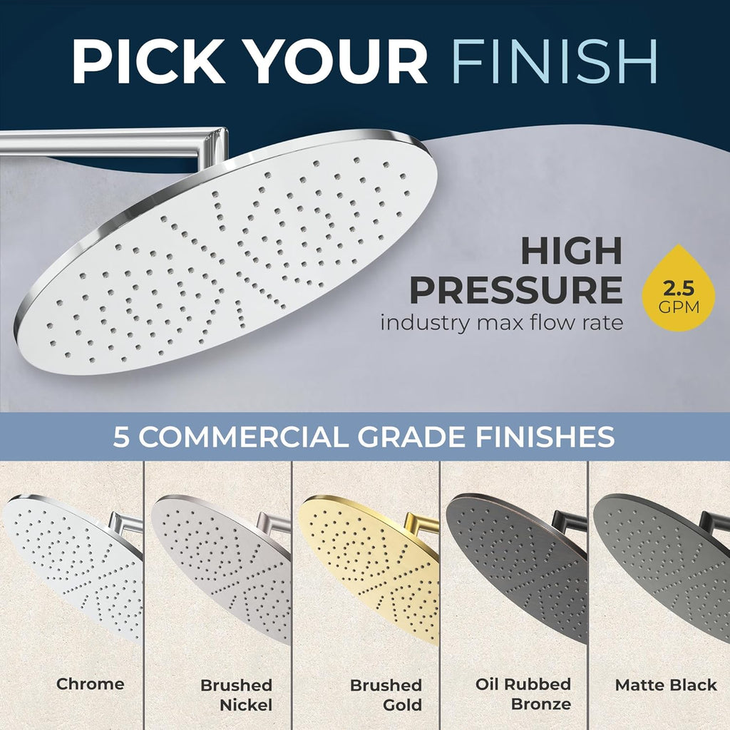 Solid Metal 12 Inch Rainfall Shower Head, Large Rain Shower Head, 2.5 GPM High Flow Shower Head Optimized for Pressure