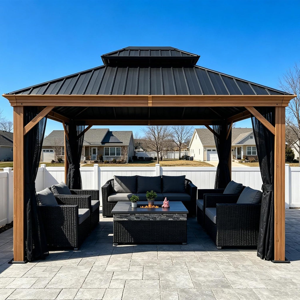 10' X 12' Outdoor Hardtop Gazebo Galvanized Steel Double Roof Permanent Canopy Teak Finish Coated Aluminum Frame