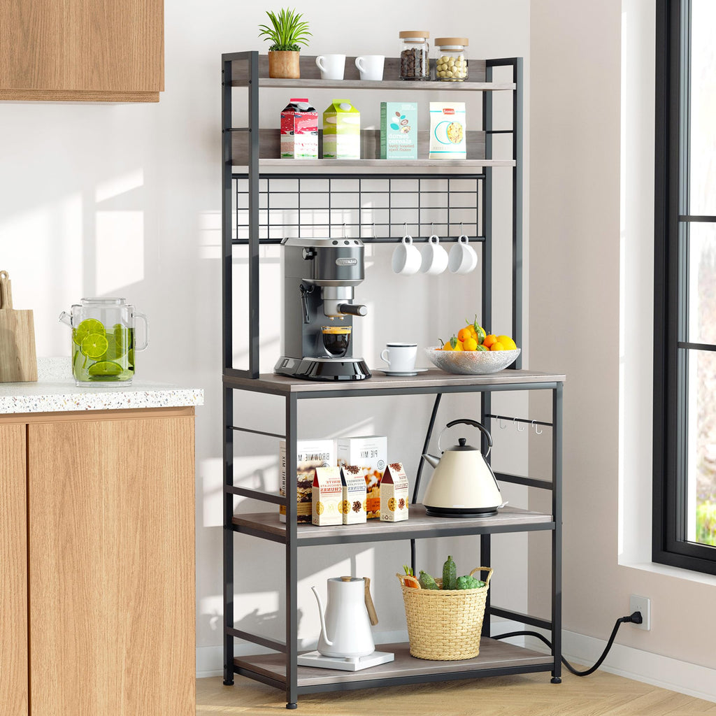 Kitchen Bakers Rack with Power Outlet, Coffee Bar Cabinet, Kitchen Racks with Storage Cabinet, 5-Tier Microwave Stand