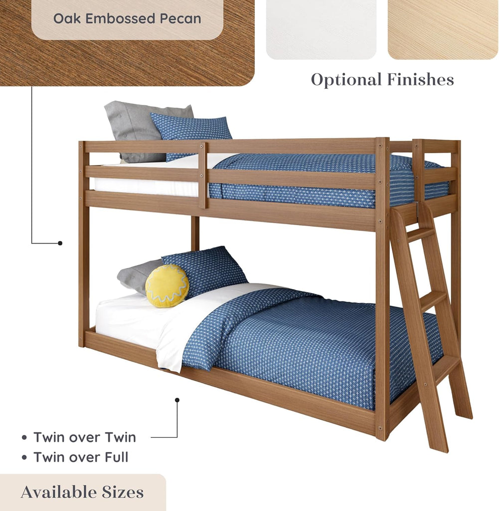 Bear Twin Over Twin Bunk Bed, Low Bunk Bed Frame for Kids, Bunk with Ladder, Guardrail, and Slats