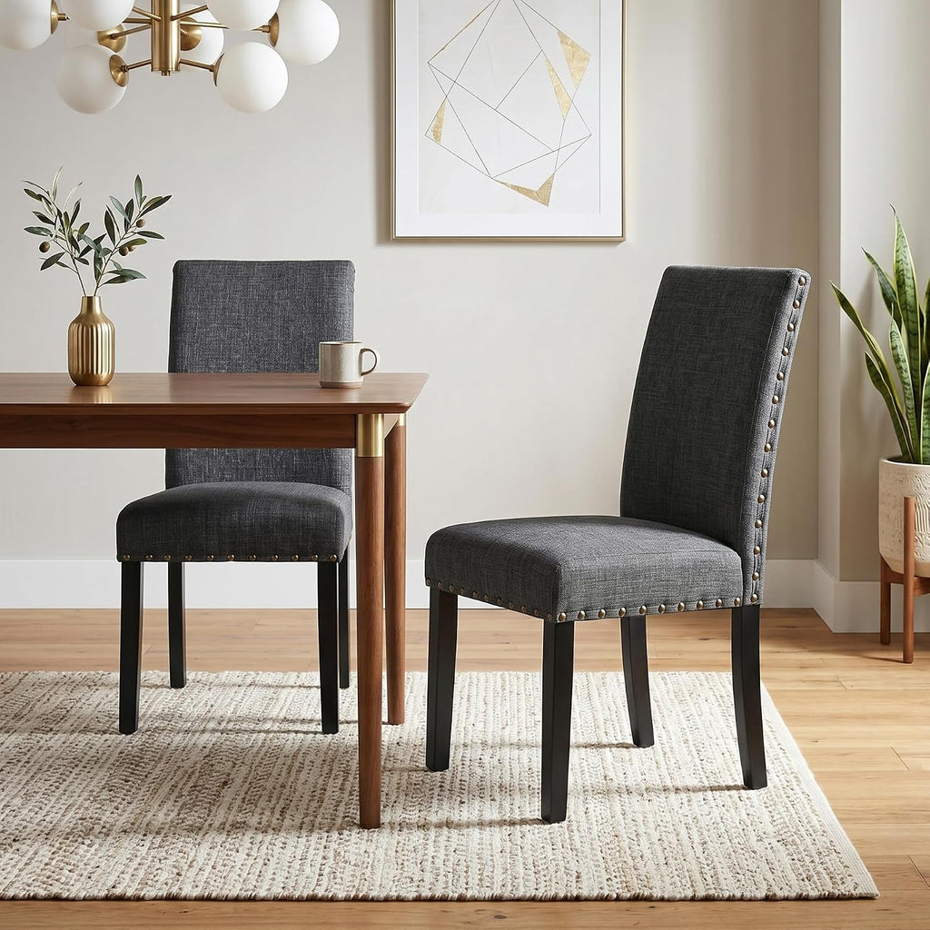 Gray Fabric Dining Chairs with Nailhead Trim, Pack of 2