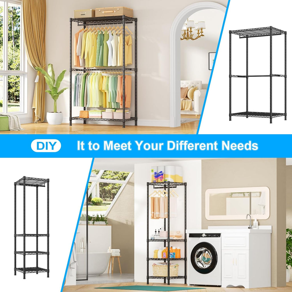E10 Clothes Rack(With Stretchable Hanger Rod)Freestanding Clothing Racks for Hanging Clothes,Adjustable Closet