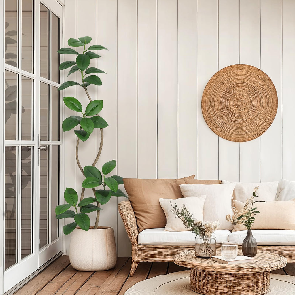 6 ft Artificial Plant Rubber Tree with off wh ite Sphere Resin Planter & Stone Faux Fiddle Leaf Fig Tree Indoor