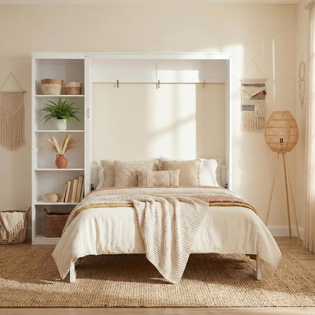 Space-Saving White Murphy Bed Queen with Adjustable Storage Shelves, Multifunctional Foldable Wall Bed for Small