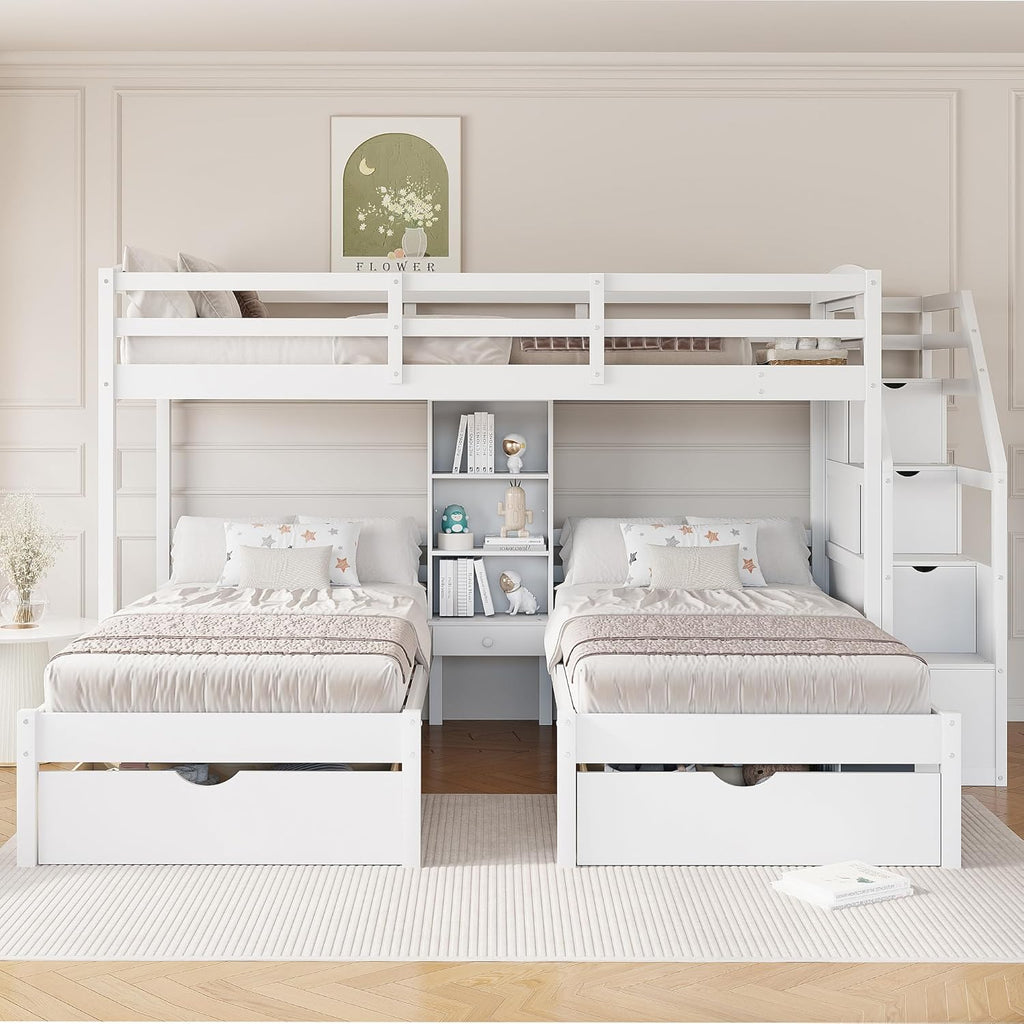 Wood Triple Bunk Bed with Storage Stairs and Drawers Twin Over Twin Over Twin Wooden Bunk Bed with Storage for 3 Kids