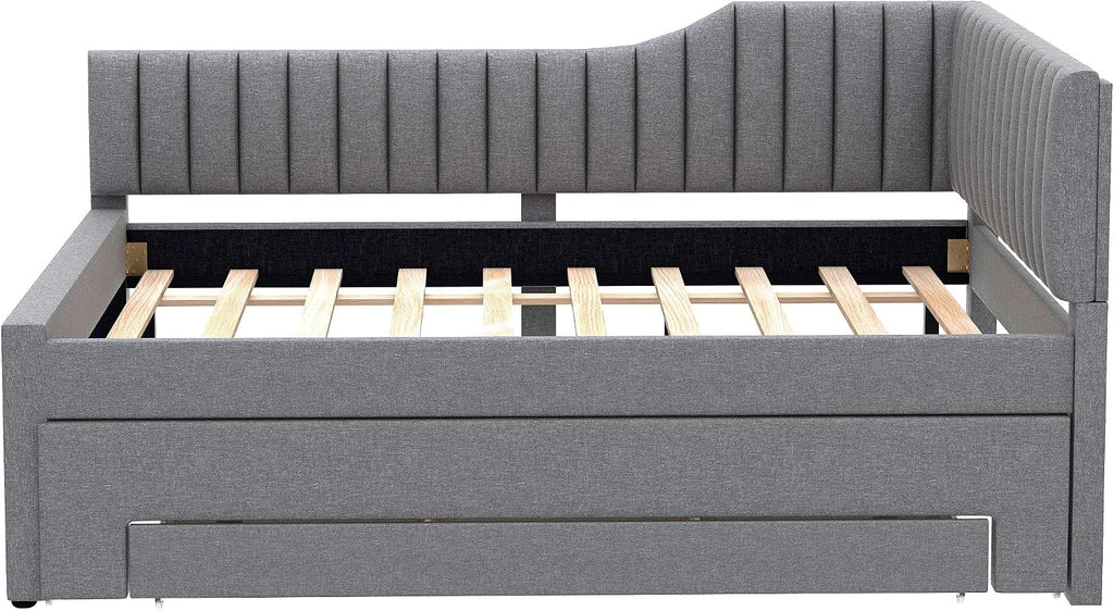 Full Size Daybed with Pull Out Trundle and Three Storage Drawers, Linen Upholstered Day Bed Frame with Wood Slats