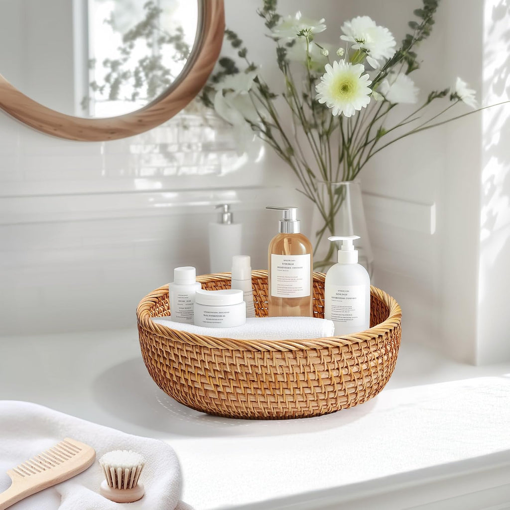 Rattan Bread Basket Set 3, Handwoven Serving Bowls | Honey brown, round wicker, fruit snack bread basket, key bowl