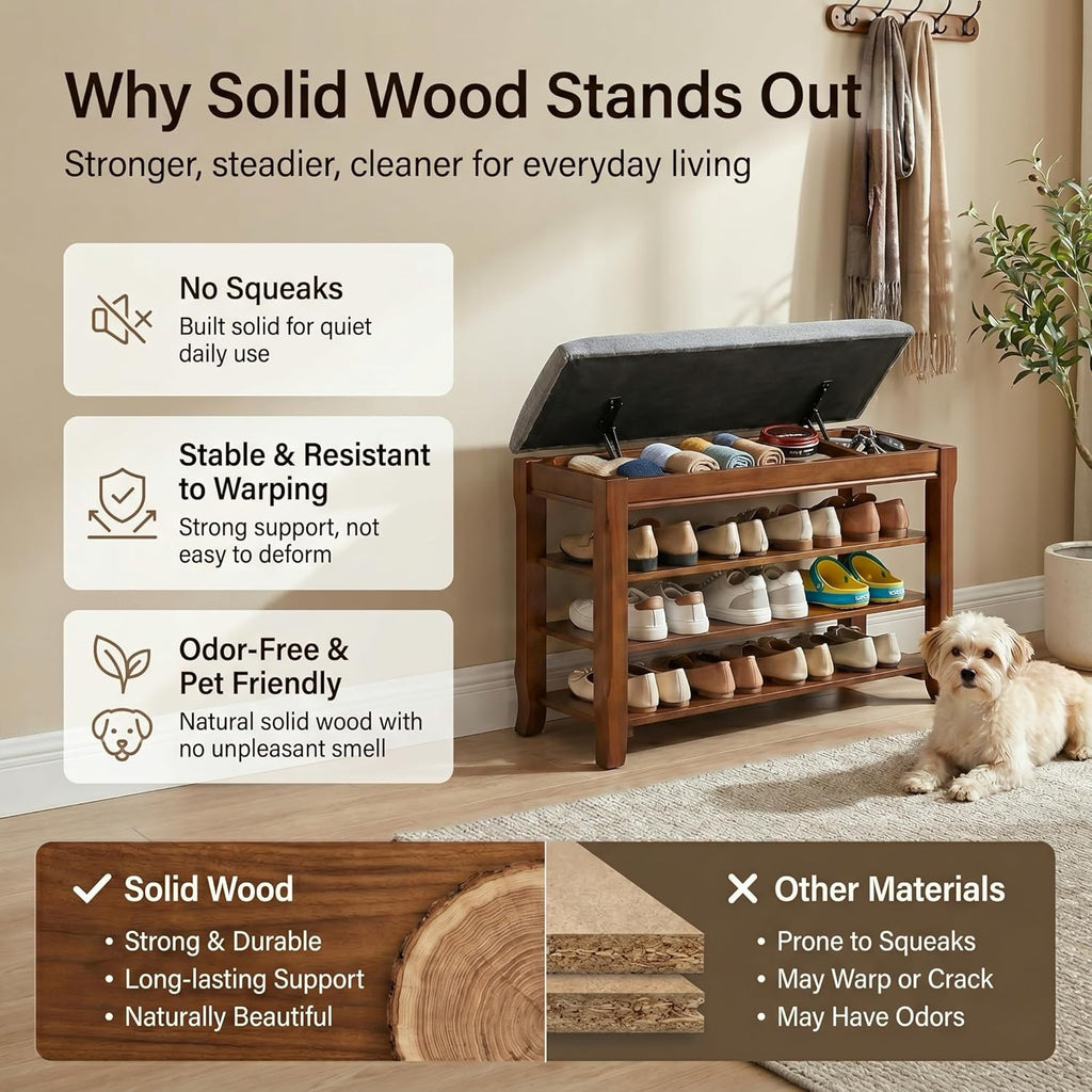 Solid Wood Shoe Rack Bench with Storage, Flip-Top Soft-Close Lid, 31.5" | 550 lbs Max Load, Adjustable Shelves