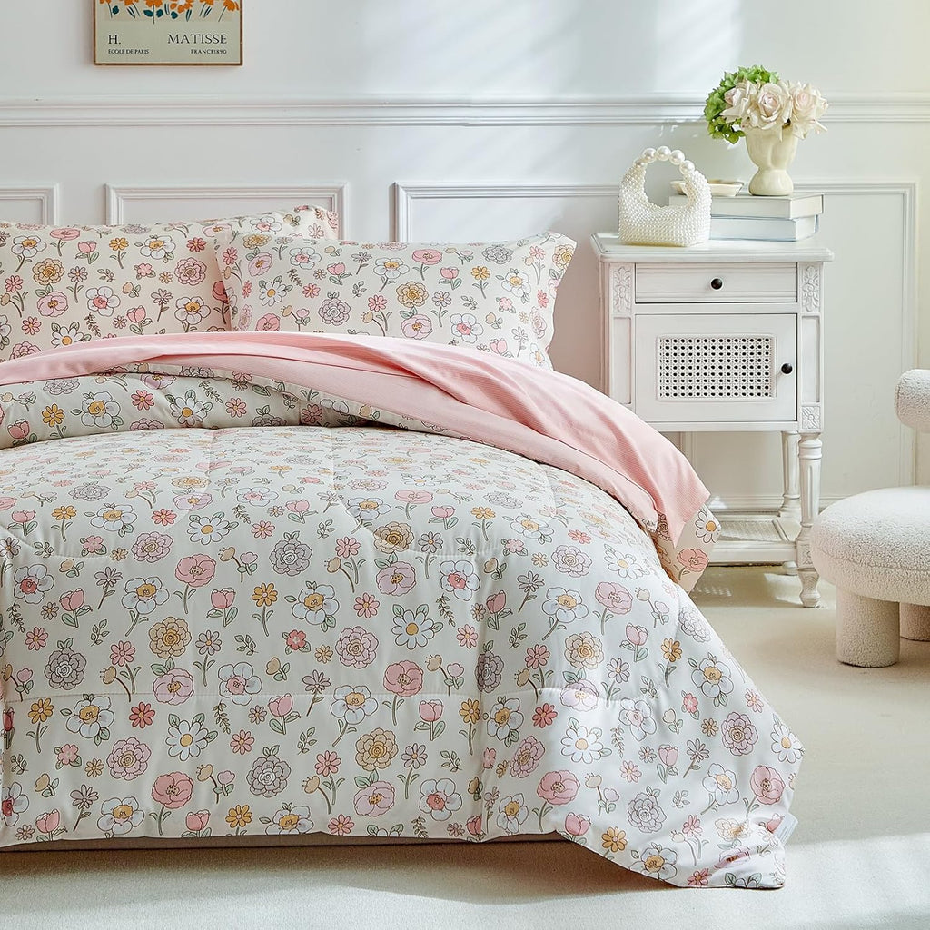 Floral Twin Comforter Set,5 Pieces Twin Bedding Set for Girls,Twin Bed in a Bag, All Season Kids Sheet Set with Comforter, Flat Sheet, Fitted Sheet, Pillowcase and Pillow Sham-Pink Floral