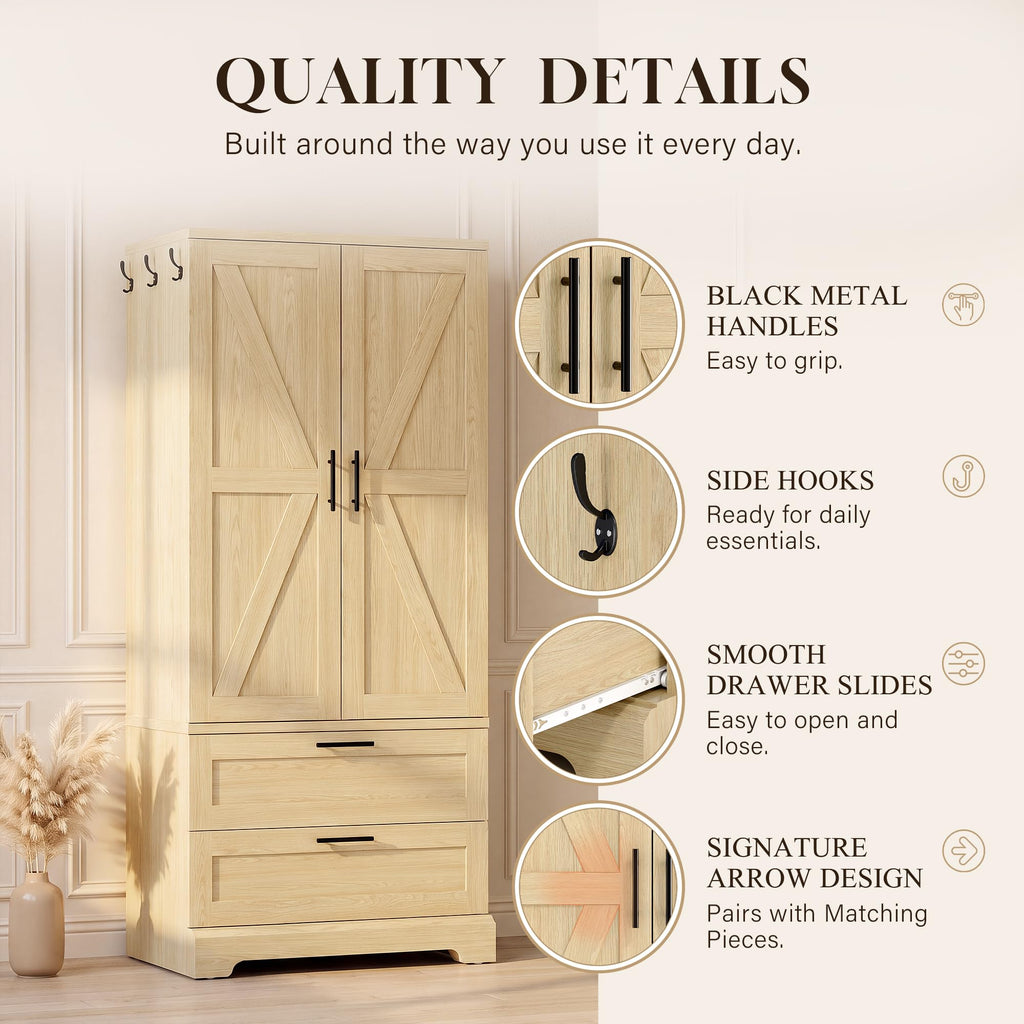 70.9" Wardrobe Closet with Sensor Light, 2 Drawers (Oak)
