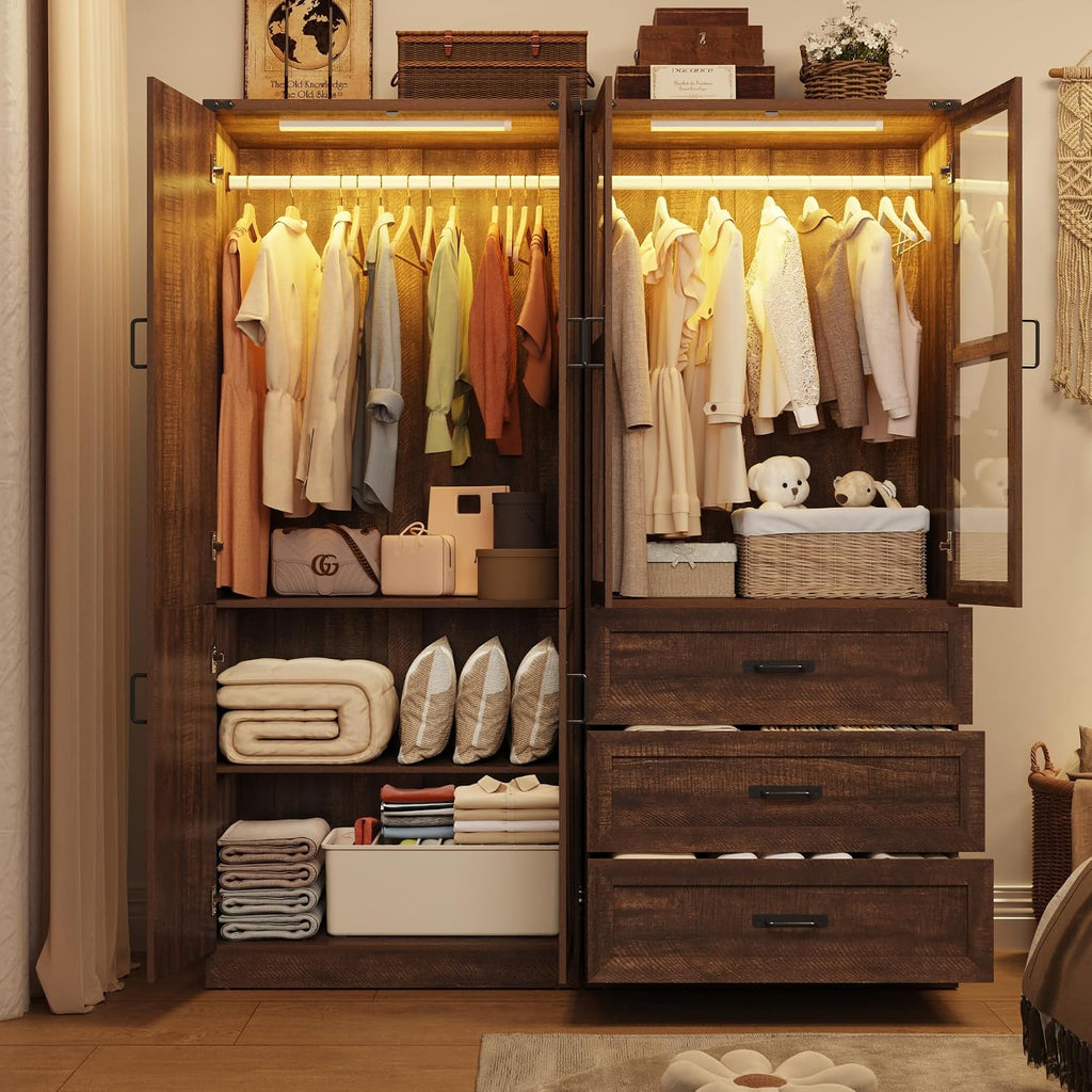 75" Tall Farmhouse 4 Doors Armoire Wardrobe Closet with 3 Drawers and LED,Freestanding Closet Wardrobe Cabinet with