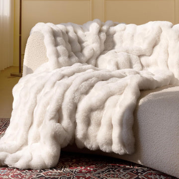 Ultra Soft Cozy Faux Fur Throw Blanket, Fuzzy Plush Thick Bubble Blanket, Luxury Fluffy Blanket, and Living Room
