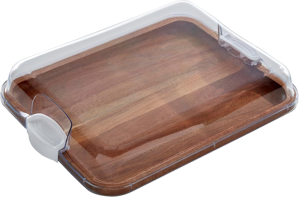 Acacia Wood Cutting Board with Clear Locking Lid, 11x14 Inch Charcuterie Board with Compartments, Reversible Serving