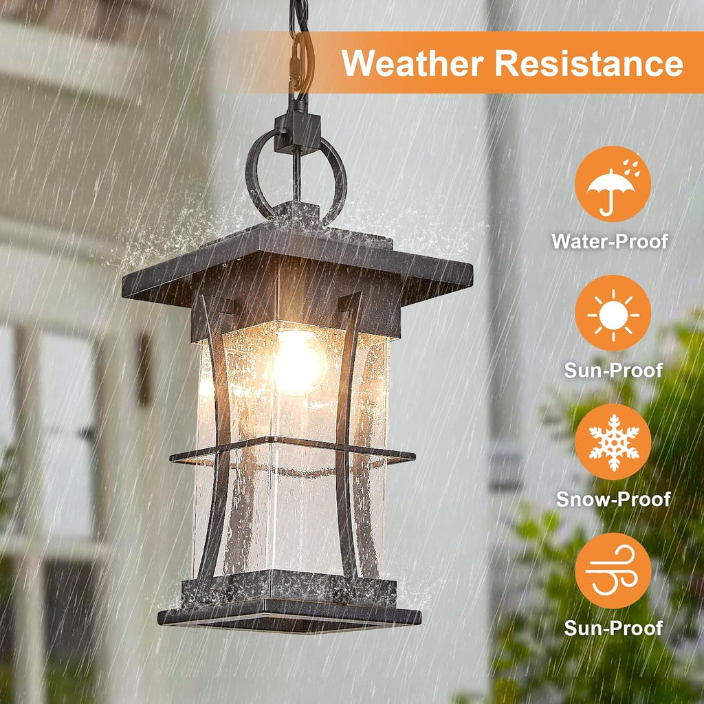 Outdoor Pendant Light, 14" H Large Hanging Lantern with Seeded Glass