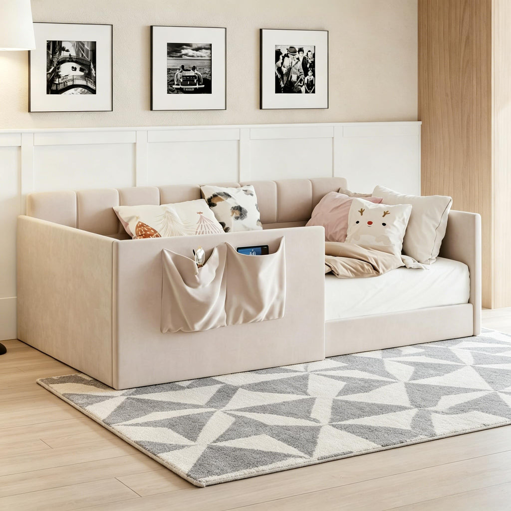 Twin Daybed Velvet Upholstered Sofa Bed with High Guardrail and Side Entrance, Space-Saving Twin Floor Day Bed with