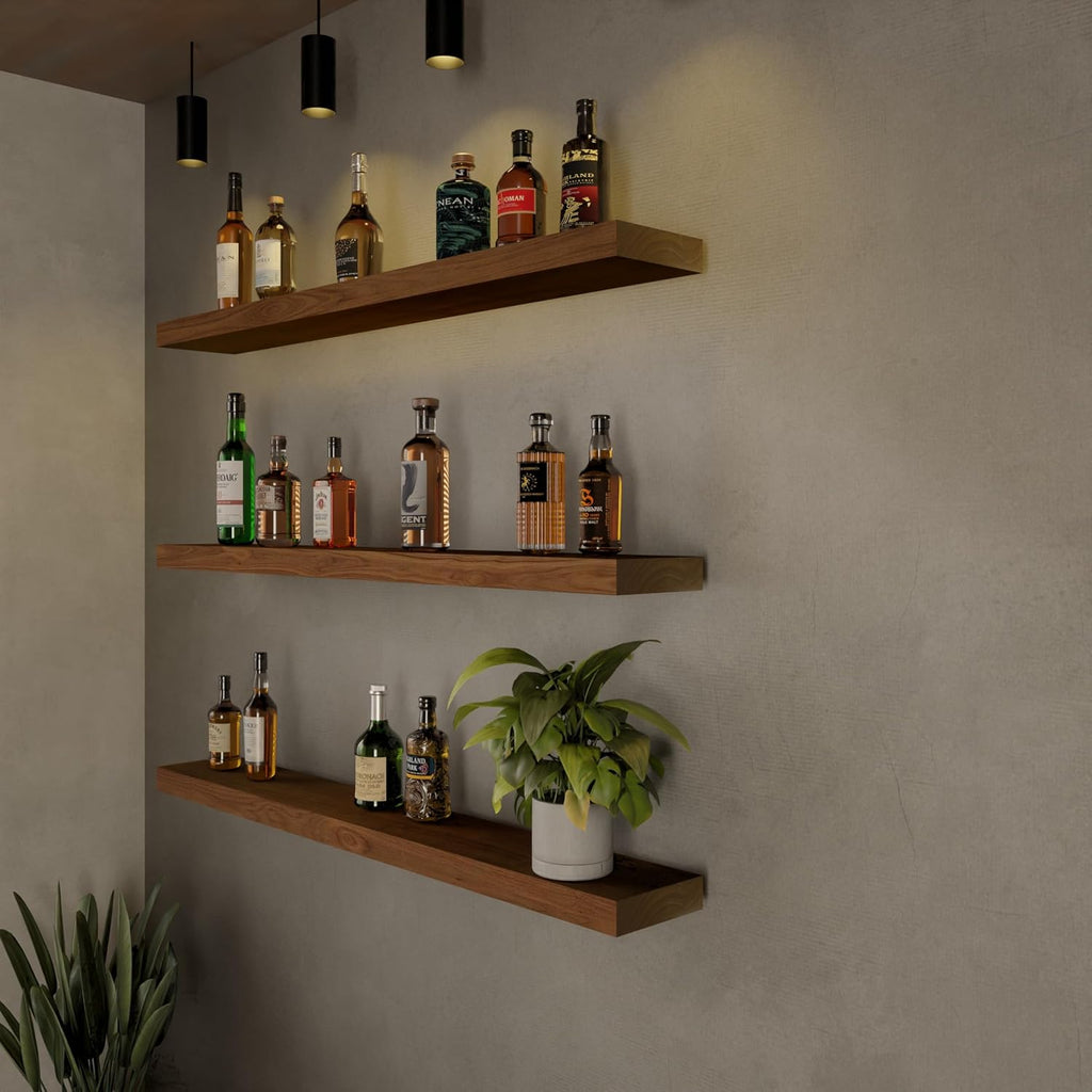 36 Inches Long Walnut Floating Shelves | Rustic Solid Wood Farmhouse Wall Shelves with Invisible Brackets Set of 3