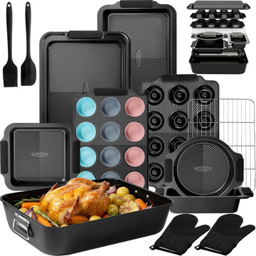 25 PCS Stackable Pans Set, Non-stick Bakeware Sets with Silicone Handles, 450°F Oven Safe Cookie Sheets for , Easy