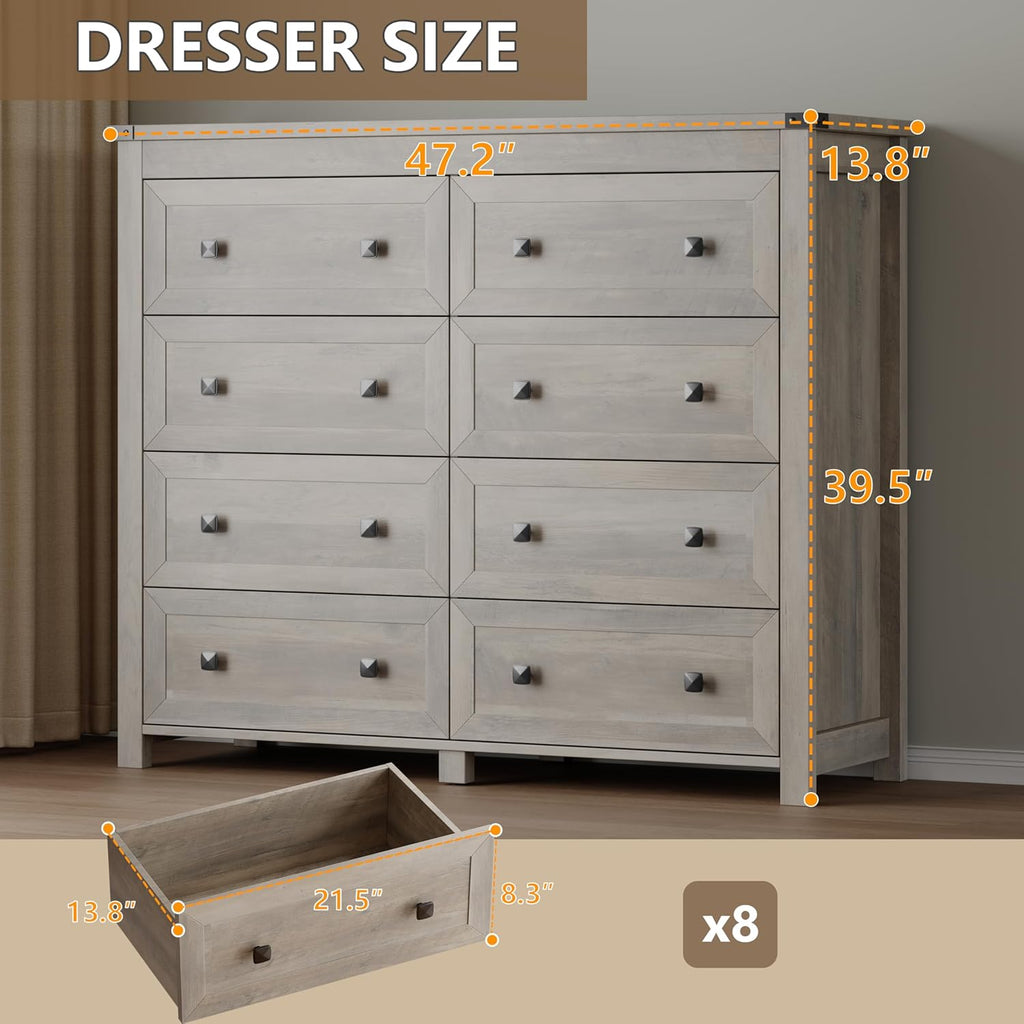 Tall 8-Drawer Dresser, Modern Wooden Storage Chest of Drawers, Dresser TV Stand, Wood Drawer Organizer with Metal