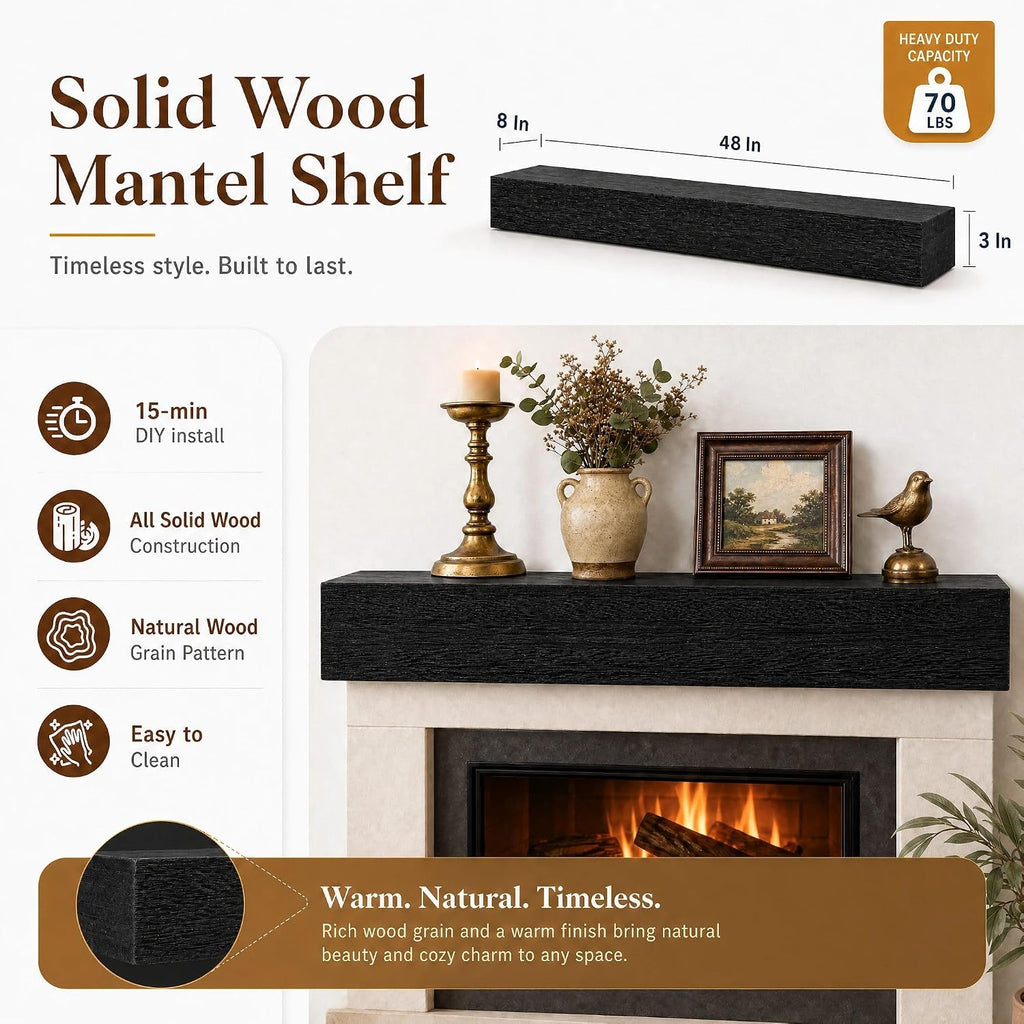 48 Inch Solid Wood Fireplace Mantel Shelf, Matte Black | 70 LBS Capacity, Easy to Install, Modern Farmhouse Floating