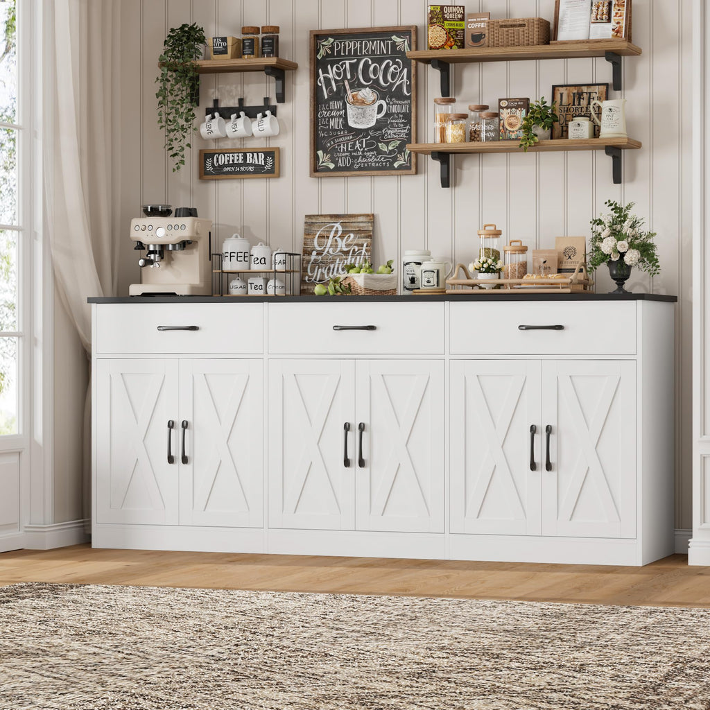 71" W Kitchen Sideboard Buffet Cabinet with Storage, White/Black