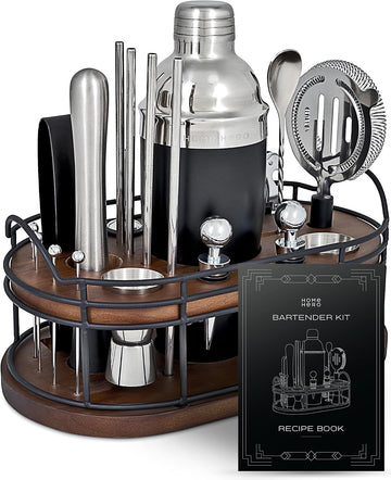 Bartender Kit - 22-Piece Cocktail Shaker & Bar Tool Set - Wooden Stand Display & Bar Cart Accessories - Recipe Book & Housewarming Gifts - 22-Pc, Silver