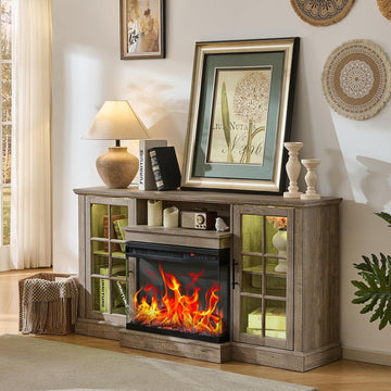 3 Sided Glass 59" Fireplace TV Stand for TVs up to 65inch, Media Entertainment Center with Glass Door Storage
