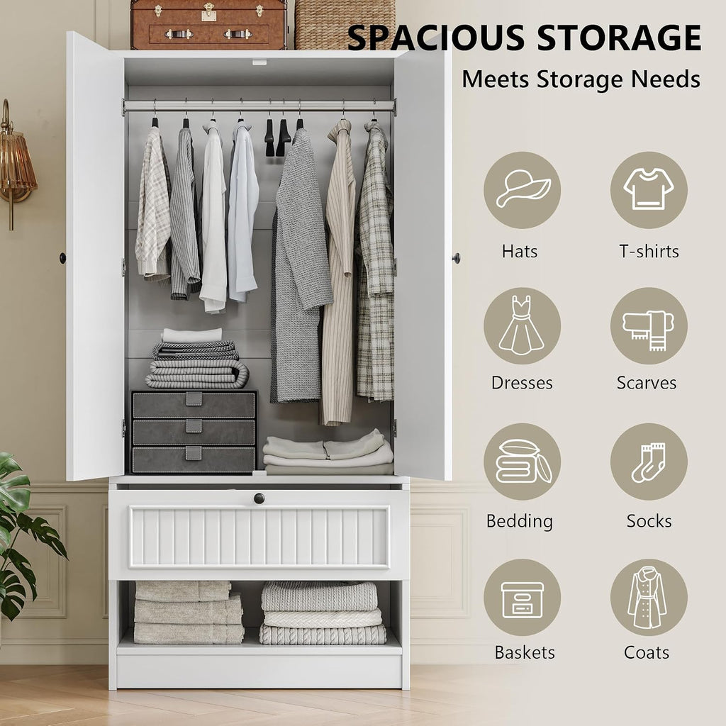 70" Armoire Wardrobe Closet with Doors & Mirror,Wooden Wardrobe with Drawers and 3 Side Hooks,Large Freestanding
