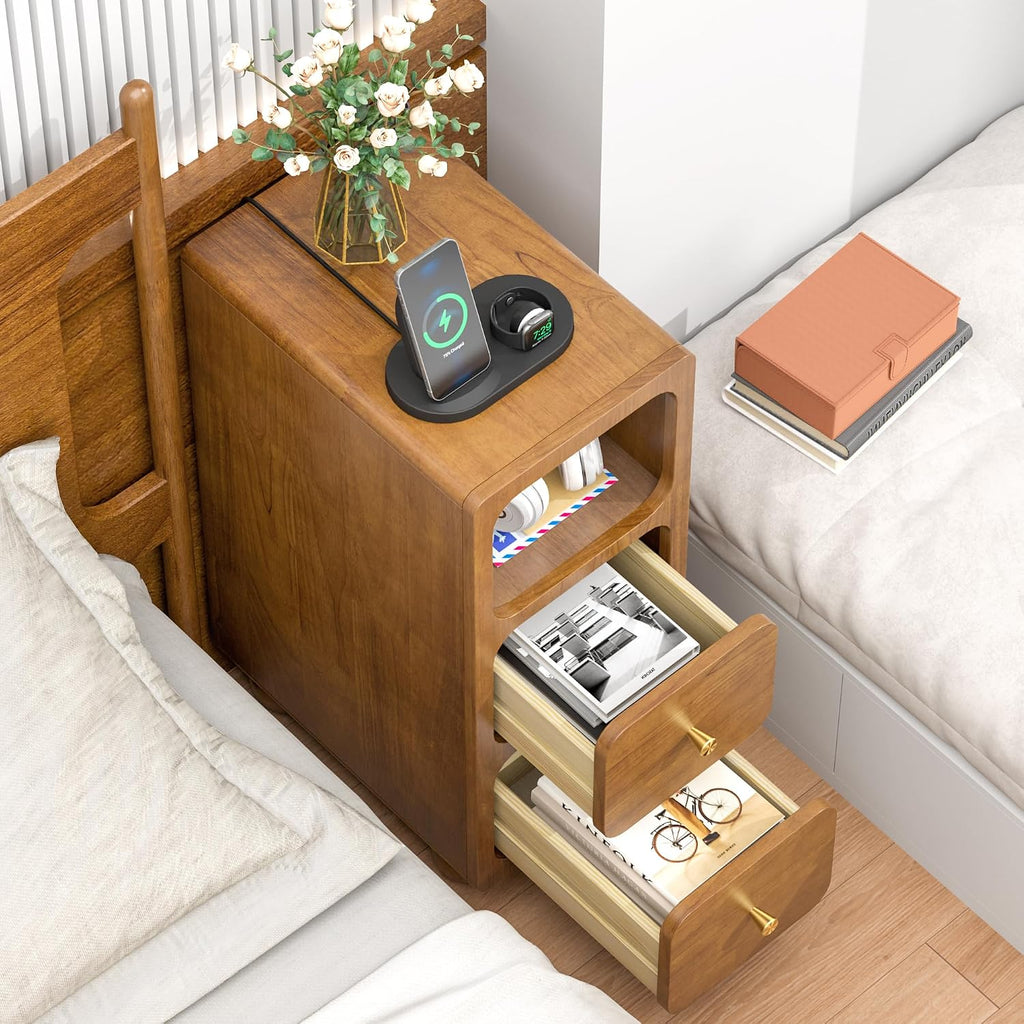Narrow Nightstand, Small Tall Beside Table with 2 Drawers and Open Shelf, Walnut Solid Wood Night Stand, Mid Century