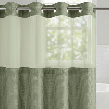 72x75 Hookless Waffle Pattern Shower Curtain - Water-Resistant Long Shower Curtain with Sheer Panel, Snap-in Liner