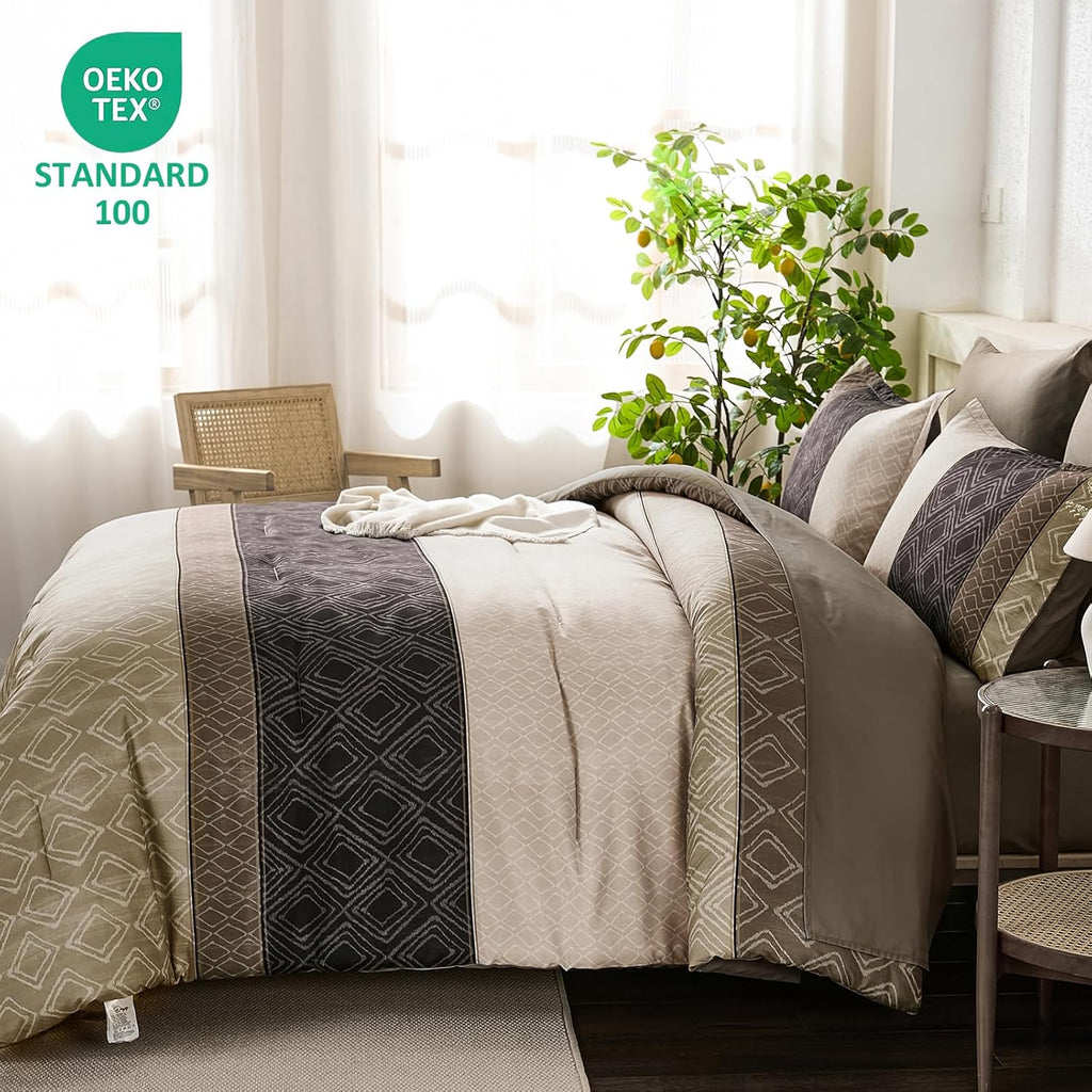 Boho Comforter Set Light Brown,7 Piece Bed in a Bag Warm Striped Bedding Sets with Plaid Fall