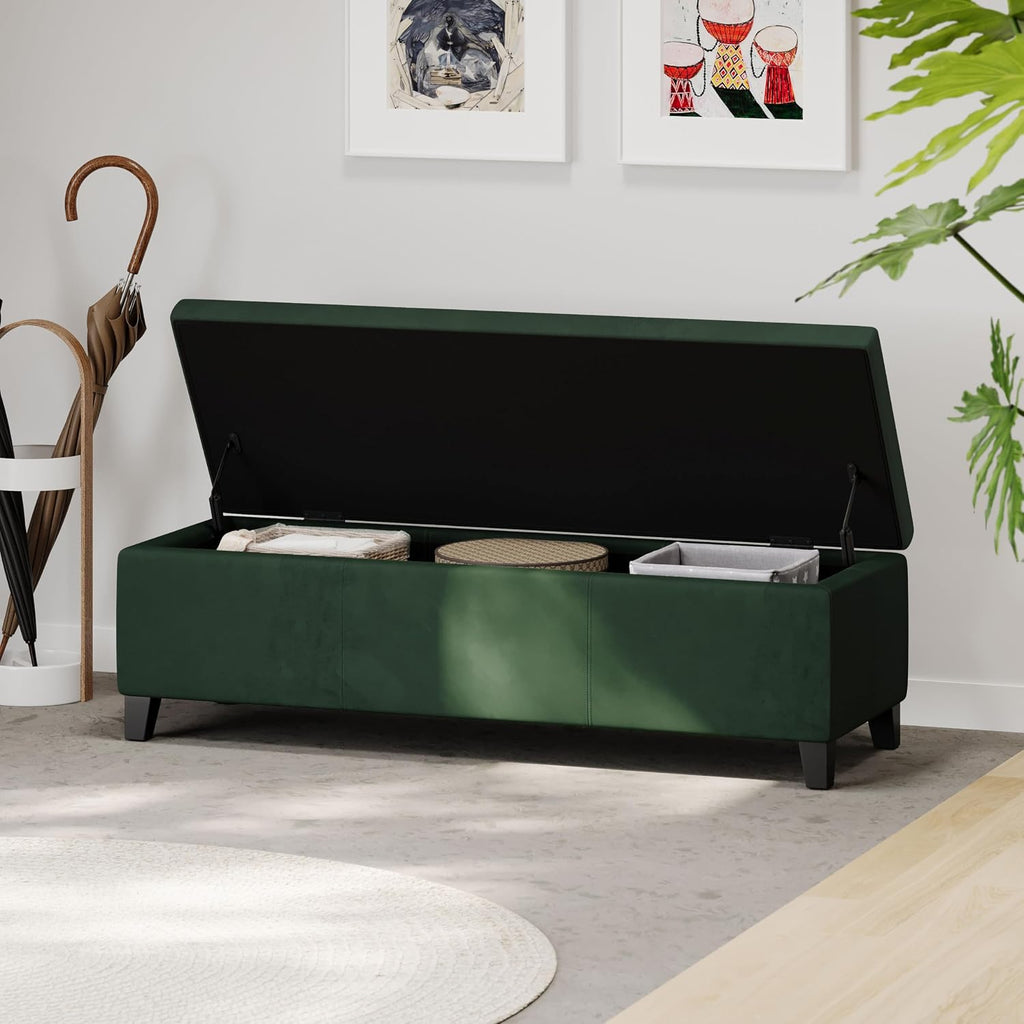 Glouster Upholstered Storage Ottoman Bench, Forest Green Velvet, Matte Black