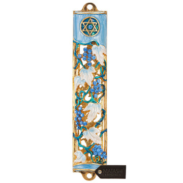 Mezuzah for Door with Scroll, Hand Painted Blue & Ivory Enamel