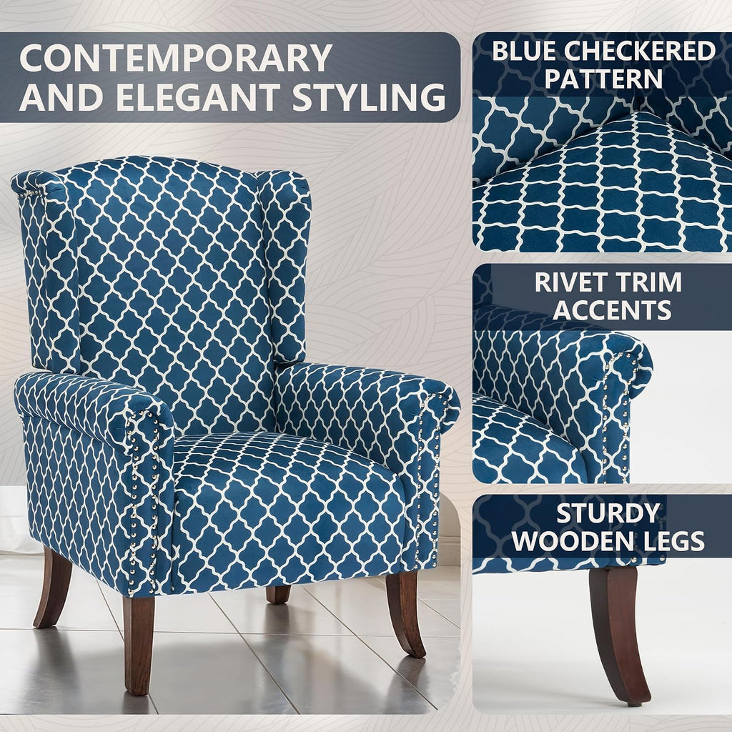 Modern Accent Chair, Comfy Wingback Armchair Blue Plaid Club Chair with Wooden Legs , or Balcony