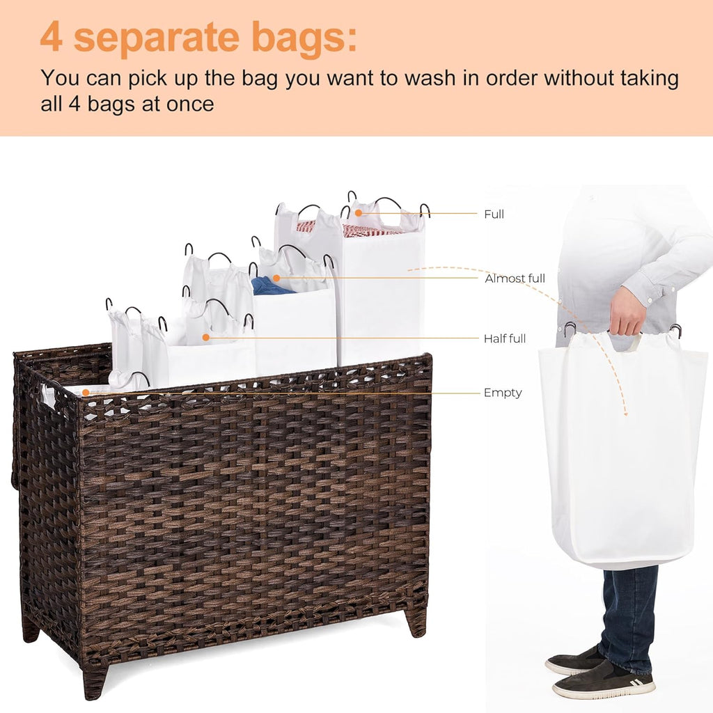 Laundry Hamper with 4 Removable Liner Bags, 176L Laundry Sorter with Lid | Raised Feet; Side Carry Handles; Handwoven
