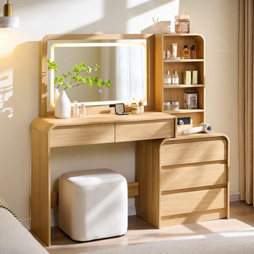 Vanity Desk with Mirror and Lights, 50" Modren Makeup Vanity with 35.43" Mirror and 5 Drawers, Makeup Table with