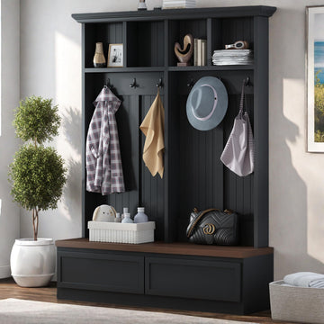 Farmhouse Wood Hall Tree with Bench and Storage Drawers, 4-in-1 Coat Rack with 6 Hooks for Entrance, Hallway Black