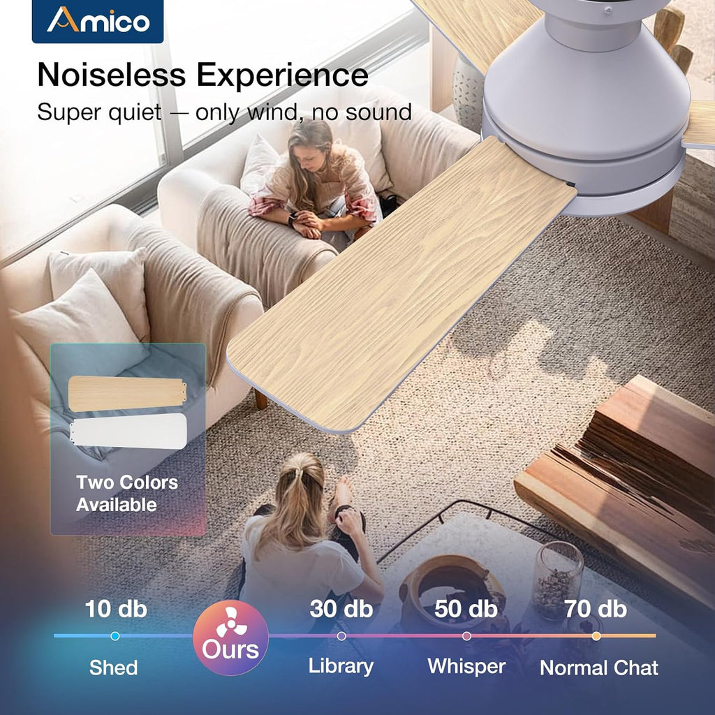 Ceiling Fans with Lights, 42 inch Low Profile Ceiling Fan with Light and Remote Control, Flush Mount, Reversible, 3CCT, Dimmable, Noiseless, White Ceiling Fan for Bedroom, Indoor/Outdoor Use