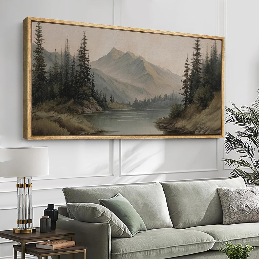 Extra Large Framed Canvas Print Wall Art Mountain Forest Landscape Misty Pine Trees and Lake Scene Illustrations