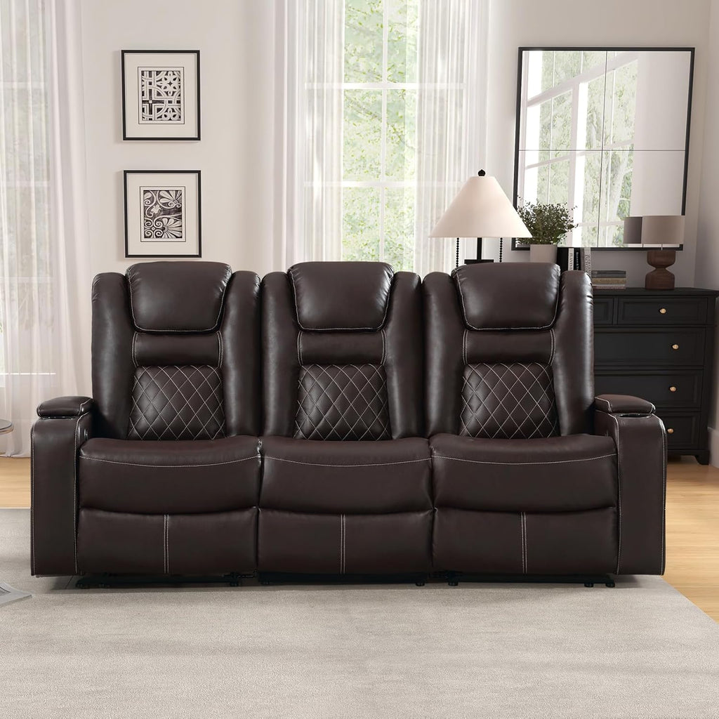 Home Theater Seats, Faux Leather Movie 3 Seat Recliner Sofa with Hidden Arm Storage