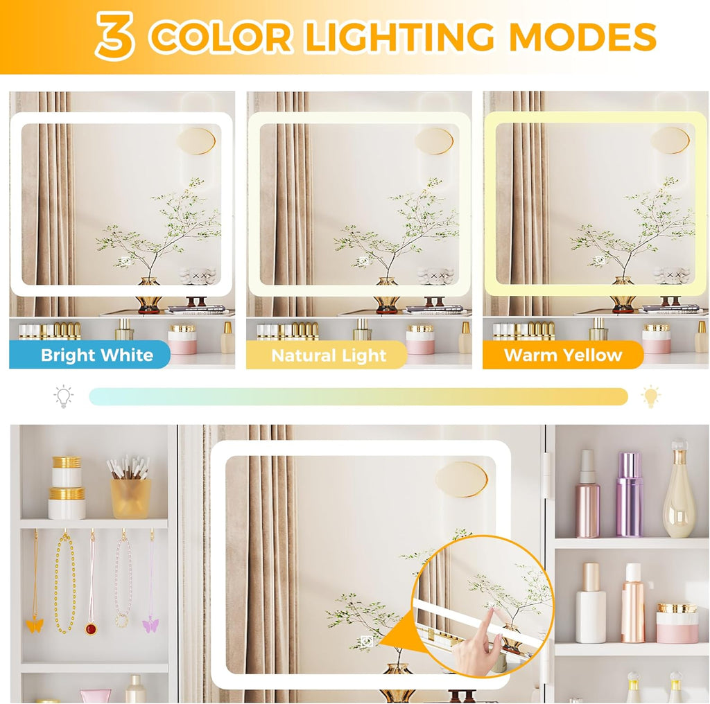 Large Makeup Vanity Desk with Lights,12 Hooks and Cushioned Stool | White Vanity Table with Power Outlet,3 Lighting